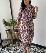 Floral printed purple round neck pure cotton kurta set with trouser
