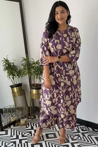 Floral printed purple round neck  cotton kurta set with trouser