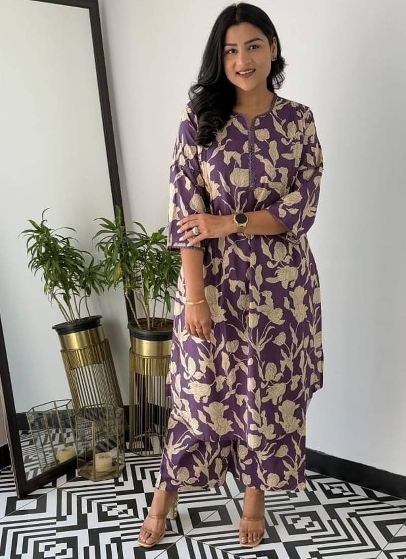 Floral printed purple round neck pure cotton kurta set with trouser