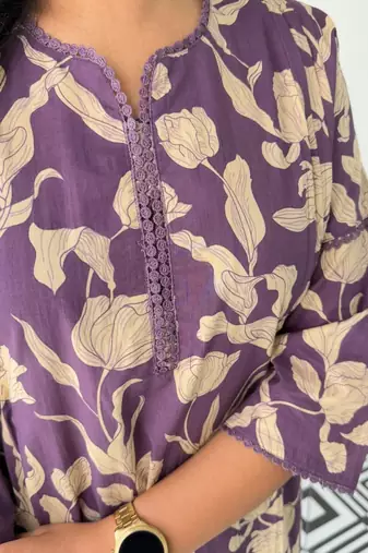 Floral printed purple round neck  cotton kurta set with trouser