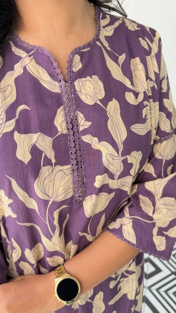 Floral printed purple round neck pure cotton kurta set with trouser