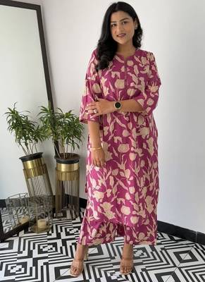 Floral printed pink round neck cotton kurta set with trouser 1