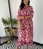 Floral printed pink round neck pure cotton kurta set with trouser