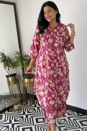 Floral printed pink round neck  cotton kurta set with trouser