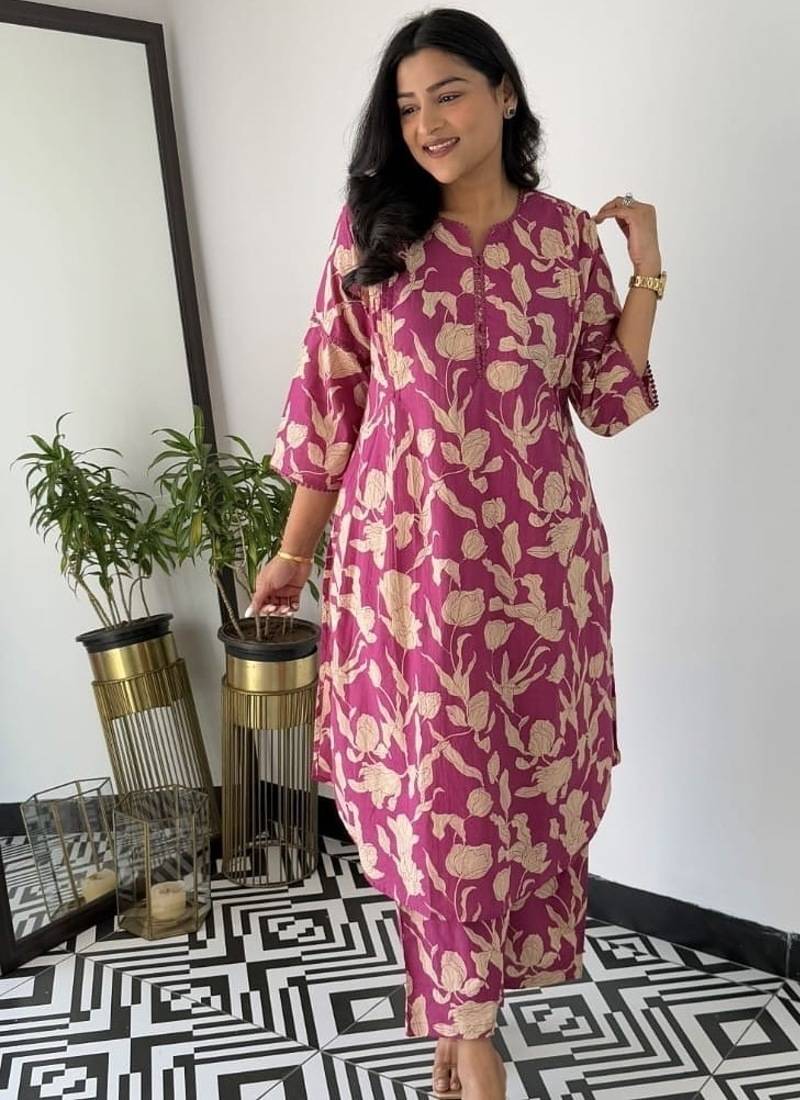 Floral printed pink round neck pure cotton kurta set with trouser