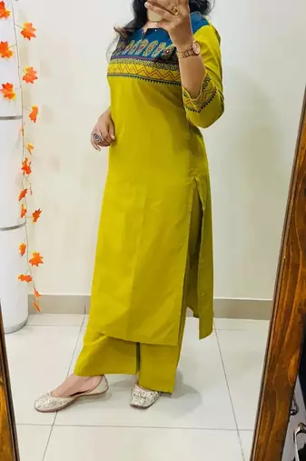 Floral printed green round neck  cotton kurta set with trouser