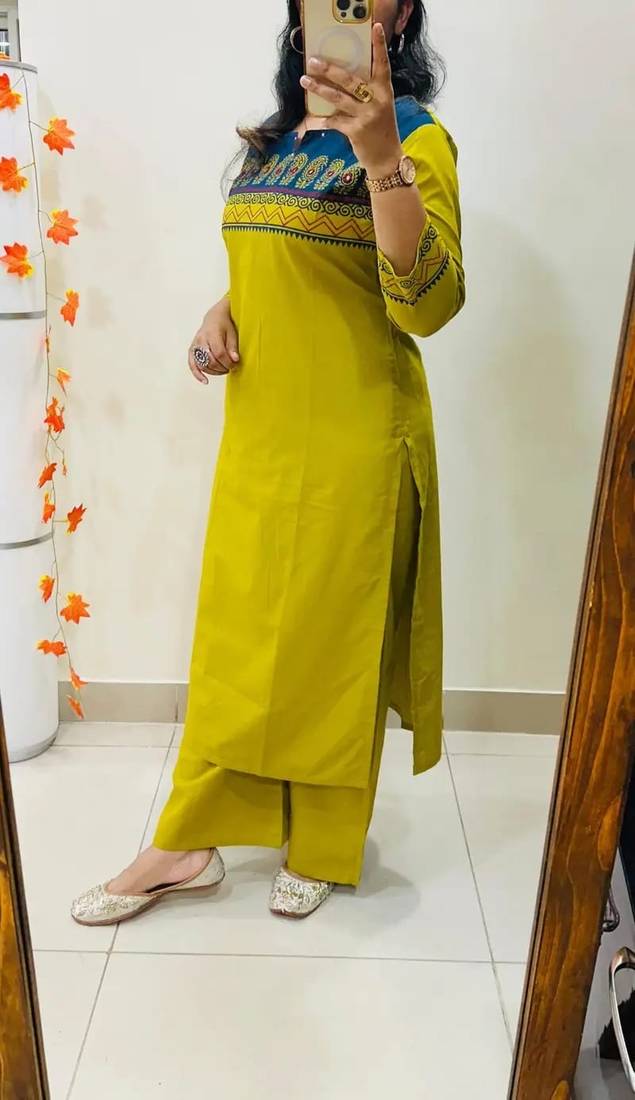 Floral printed green round neck pure cotton kurta set with trouser