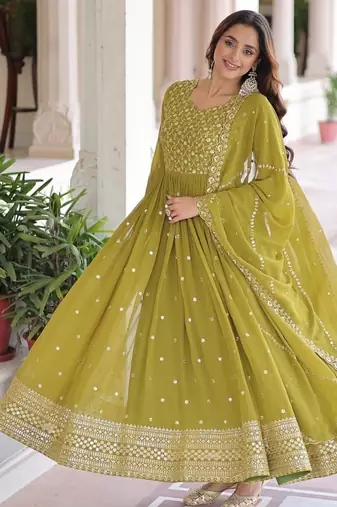 Mehendi green color sequins zari embroidered faux georgette gown with canvas stitching,full sleeve designer dupatta set