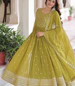 mehendi green embroidered faux georgette gown dupatta
