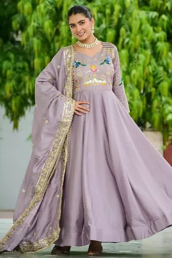 Onion shade sequins zari embroidered vichitra silk gown, 12 kali canvas stitch, fancy v neck partywear dupatta set