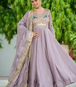 Onion shade sequins zari embroidered vichitra silk gown, 12 kali canvas stitch, fancy v neck partywear dupatta set