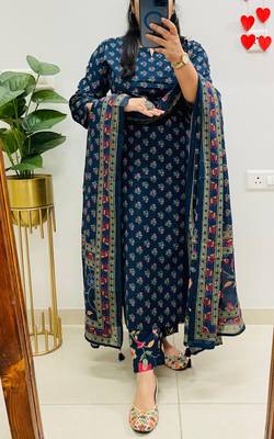Floral printed blue round neck  cotton kurta set with trouser & dupatta 1
