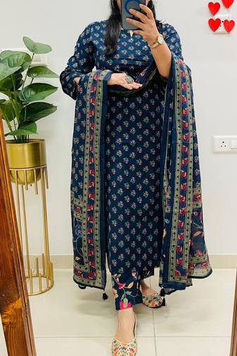 Floral printed blue round neck pure cotton kurta set with trouser & dupatta