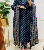 Floral printed blue round neck pure cotton kurta set with trouser & dupatta