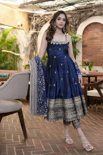 blue vichitra silk embroidered gown dupatta set