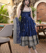 blue vichitra silk embroidered gown dupatta set