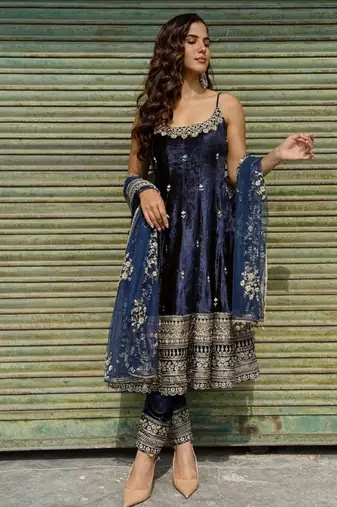 blue vichitra silk embroidered gown dupatta set
