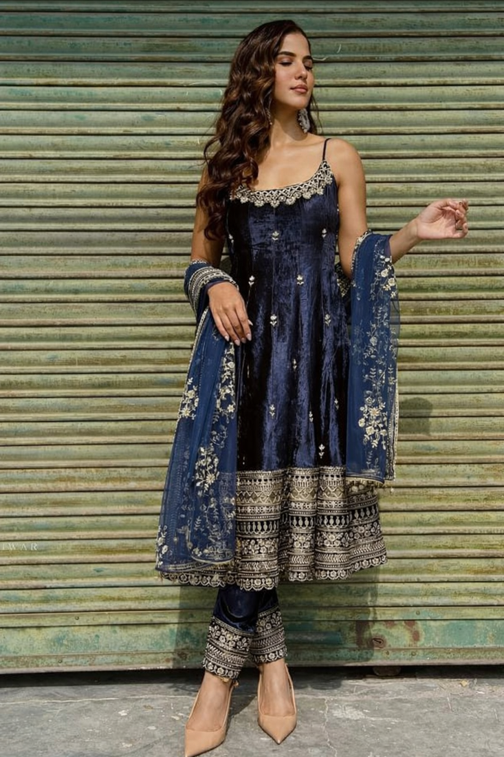 blue vichitra silk embroidered gown dupatta set