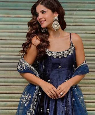 blue vichitra silk embroidered gown dupatta set 3