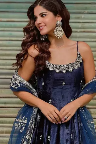 blue vichitra silk embroidered gown dupatta set