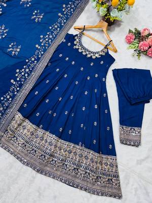 blue vichitra silk embroidered gown dupatta set 4