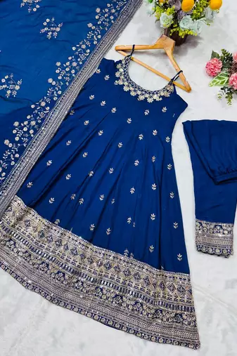 blue vichitra silk embroidered gown dupatta set