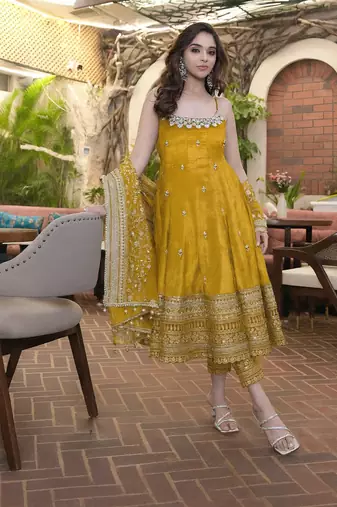 yellow vichitra silk embroidered gown dupatta set