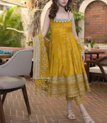 yellow vichitra silk embroidered gown dupatta set
