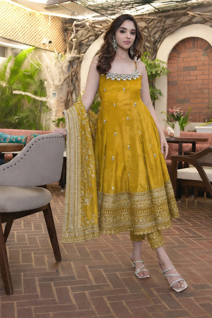 yellow vichitra silk embroidered gown dupatta set