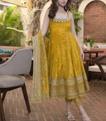 yellow vichitra silk embroidered gown dupatta set