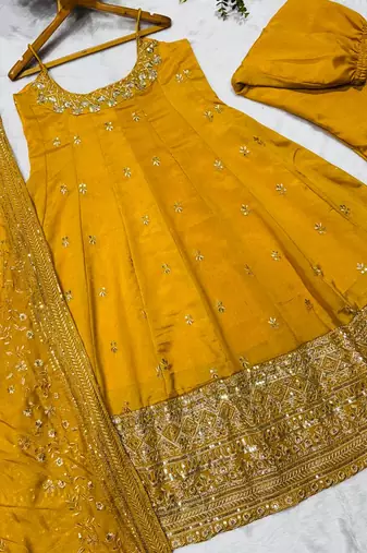 yellow vichitra silk embroidered gown dupatta set