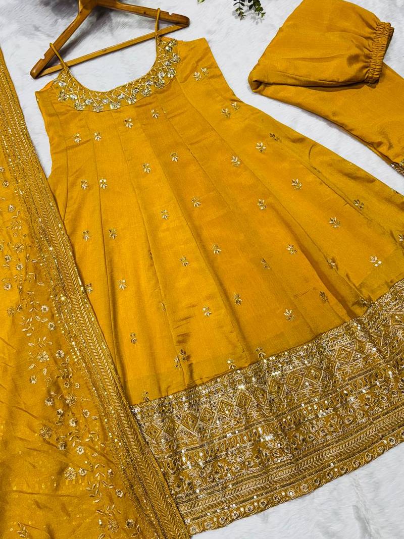 yellow vichitra silk embroidered gown dupatta set