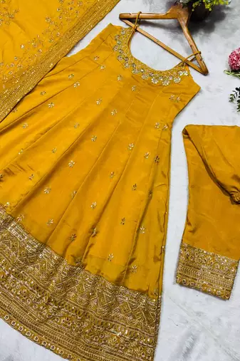 yellow vichitra silk embroidered gown dupatta set