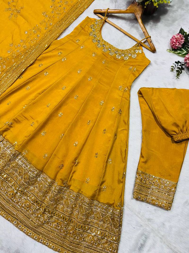 yellow vichitra silk embroidered gown dupatta set