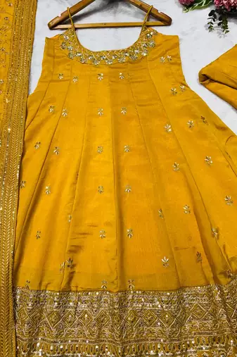yellow vichitra silk embroidered gown dupatta set