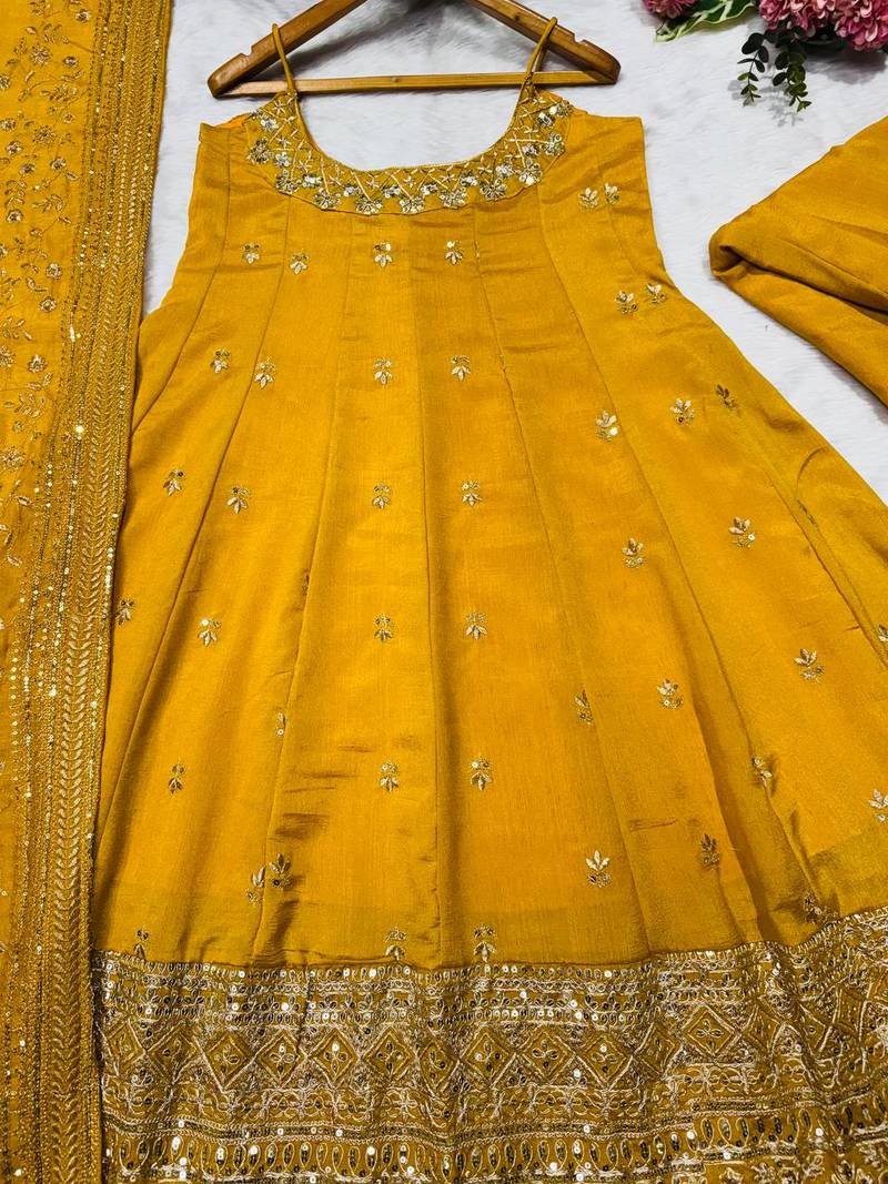 yellow vichitra silk embroidered gown dupatta set