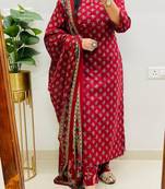 Floral printed red round neck pure cotton kurta set with trouser & dupatta