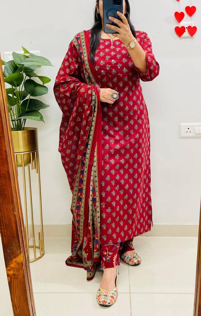 Floral printed red round neck pure cotton kurta set with trouser & dupatta