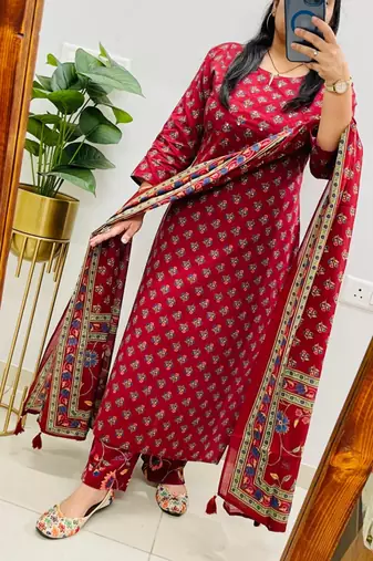 Floral printed red round neck  cotton kurta set with trouser & dupatta