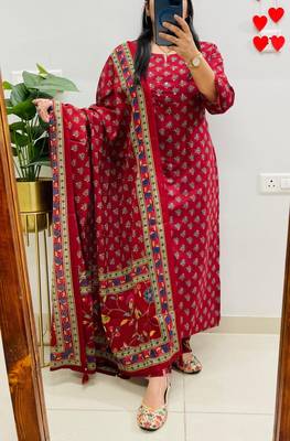 Floral printed red round neck  cotton kurta set with trouser & dupatta 3