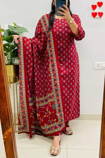 Floral printed red round neck  cotton kurta set with trouser & dupatta