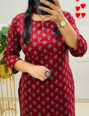 Floral printed red round neck  cotton kurta set with trouser & dupatta 4