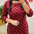 Floral printed red round neck pure cotton kurta set with trouser & dupatta
