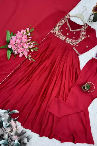red embroidered faux georgette gown dupatta