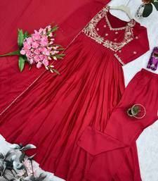 red embroidered faux georgette gown dupatta