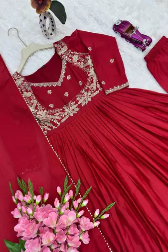 red embroidered faux georgette gown dupatta