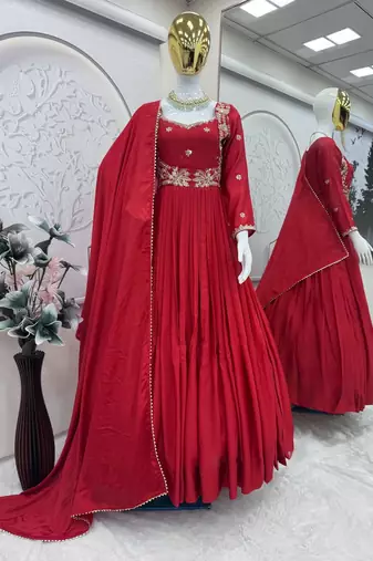 red embroidered faux georgette gown dupatta