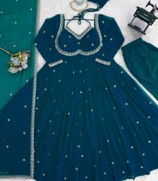 sea green embroidered faux georgette gown dupatta