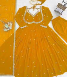 yellow embroidered faux georgette gown dupatta