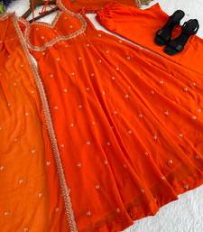 orange embroidered faux georgette gown dupatta